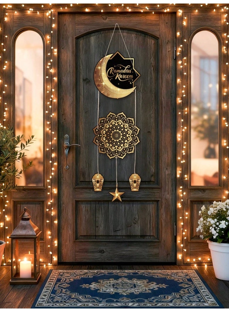 رمضان كريم باب معلق الديكور مع فانوس القمر والنجم للديكور المنزلي - Image 1